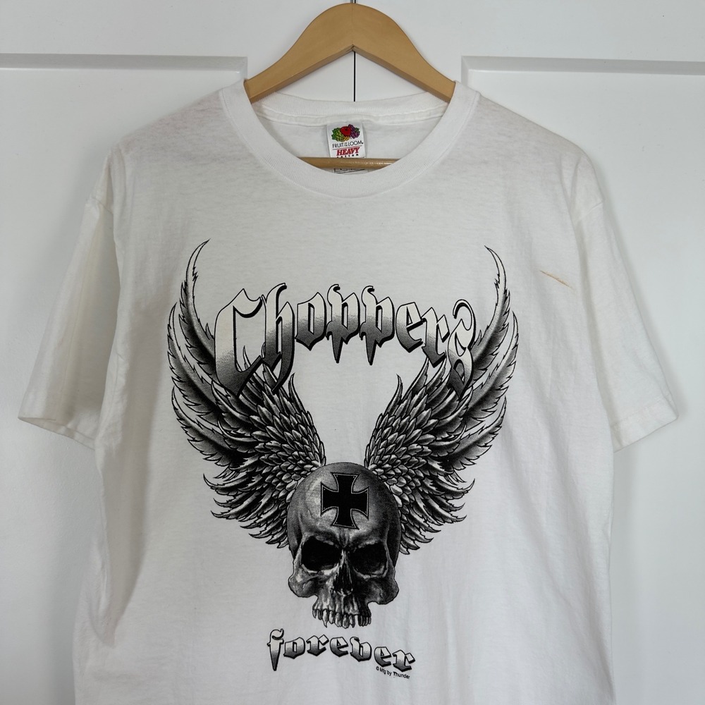 Mens Vintage Choppers Skull and Cross Graphic T-Shirt Large White Size Large